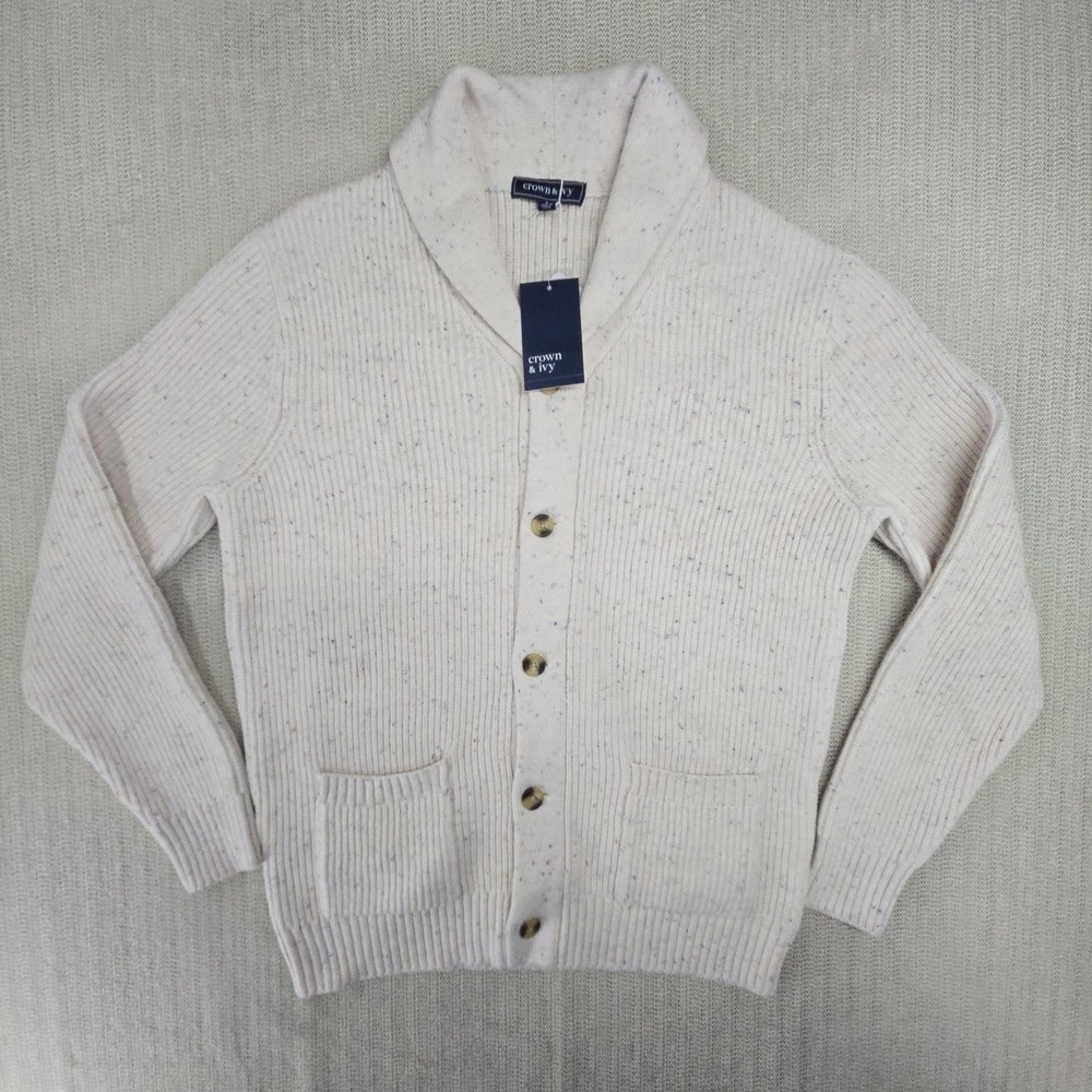 Crown & Ivy Sweater Mens Large White Shawl Collar Button Cardigan Knit Pockets
